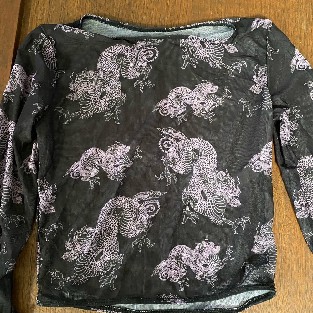 Long sleeve see-thru dragon shirt black and purple dragon.